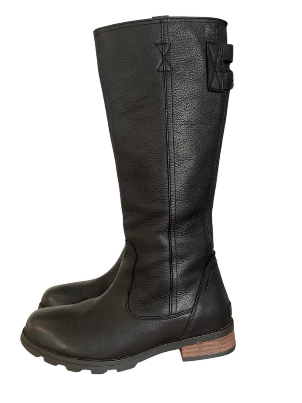 SOREL Emelie Tall Waterproof Black Leather Riding Boots Women 7 Adjustable Calf